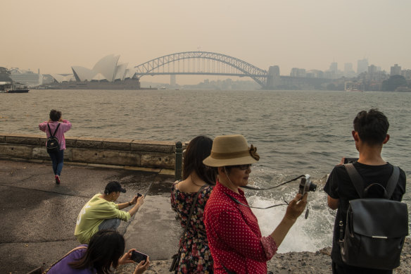 Smoke haze over Sydney Harbour from bushfires burning in NSW.