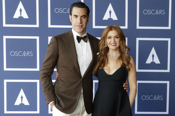 Sacha Baron Cohen and Isla Fisher at a screening of the Oscars in Sydney in 2021.