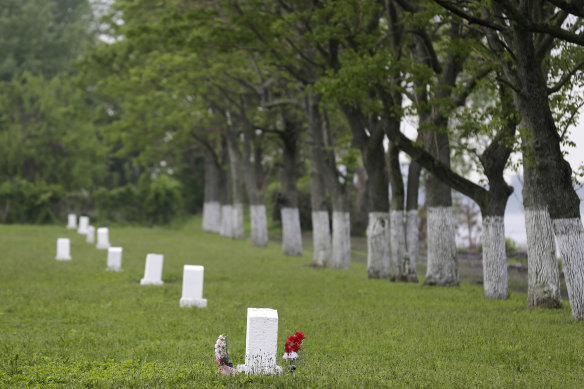 White markers, each indicating a mass grave of about 150 people, are displayed on Hart Island in New York in 2018.