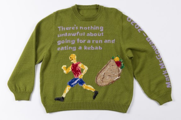Emma Buswell's hand-knitted There's Nothing Unlawful About Going For a Run and Having a Kebab (2020). 