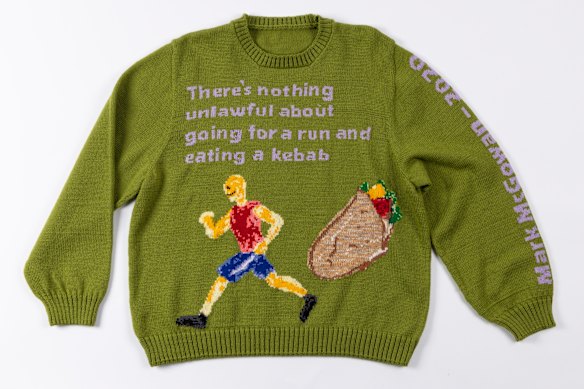 Emma Buswell's hand-knitted There's Nothing Unlawful About Going For a Run and Having a Kebab (2020). 