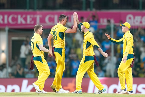 Hazlewood celebrates dismissing Kohli.