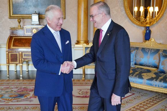 King Charles III with Prime Minister Anthony Albanese at Buckingham Palace in May.