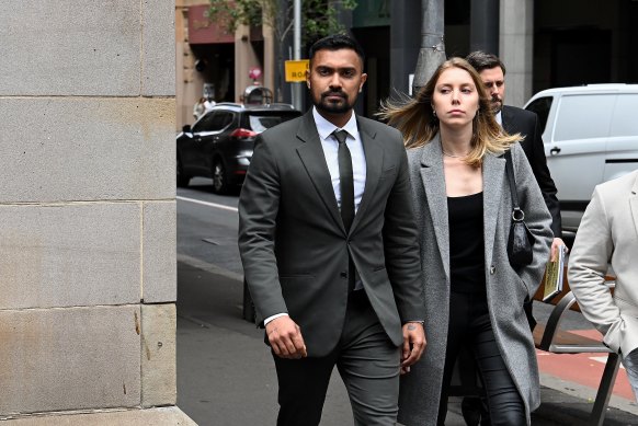 Sri Lankan cricketer Danushka Gunathilaka (left) arrives at Downing Centre District Court for a judge’s verdict after he faced trial accused of sexual assault.
