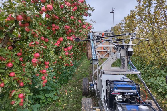 A mature robotic machine being tested in an apple orchard.  Each test run collects data that improves the machine's algorithms. 