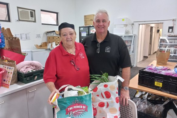 Joan and Gordon Sutherland from The Haven with some of the food hampers they donate.