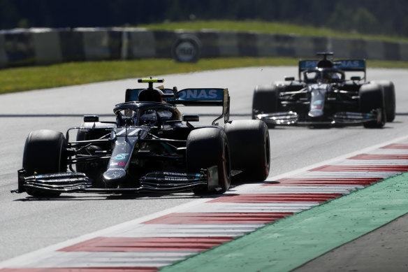 Valtteri Bottas for Mercedes leads teammate Lewis Hamilton during the Austrian Formula One Grand Prix at the Red Bull Ring racetrack in Spielberg on Sunday.