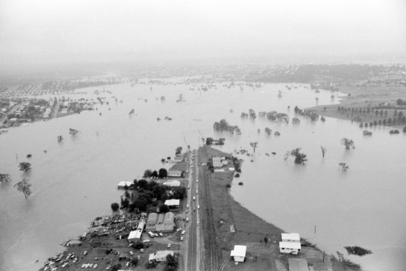 An aerial view of Brisbane flood on January 28, 1974.