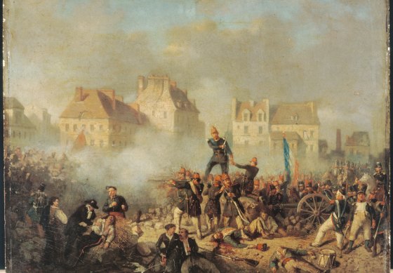 Artist Tony-Francois de Bergue’s painting of an officer ordering his men to fire at the 1848 revolutionaries in Paris.