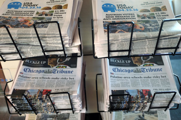 USA Today, Chicago Tribune and other newspapers are displayed at Chicago’s O’Hare International Airport.