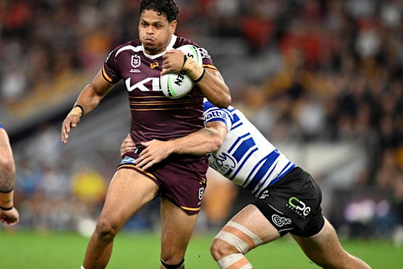 Selwyn Cobbo on the charge for the Brisbane Broncos.