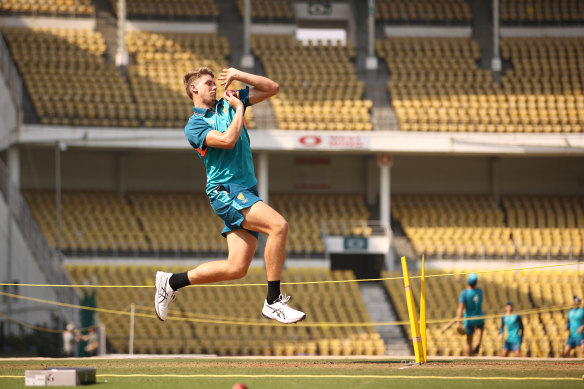 Cameron Green bowls during a training session at Vidarbha Cricket Association Ground. 