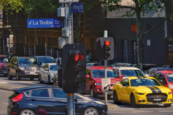 Traffic at the junction of La Trobe and King streets.