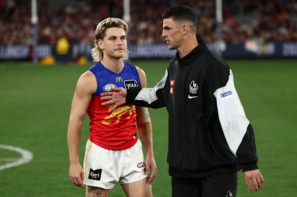Will Ashcroft and Scott Pendlebury after their blockbuster clash on Friday night.