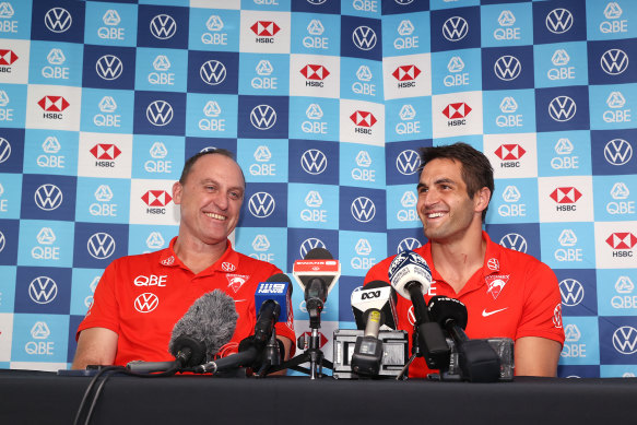 Swans coach John Longmire and retiring champion Josh Kennedy at Tuesday’s announcement