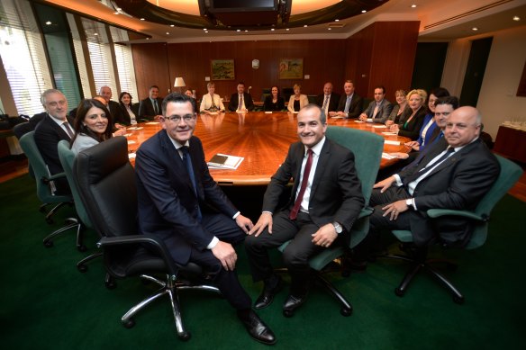 Newly-elected Premier Daniel Andrews with his first cabinet in 2014. Papers from cabinet meetings could become public within 30 days if minor parties have their way.