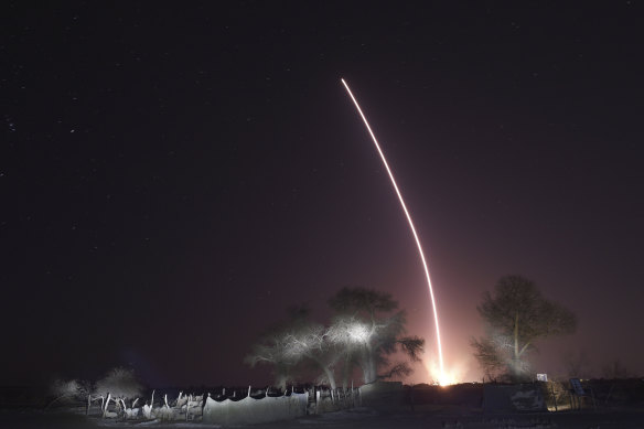 The light trail of the Shenzhou-15, atop the Long March-2F Y15 carrier rocket after it blasted off from the Jiuquan Satellite Launch Centre in north-western China.