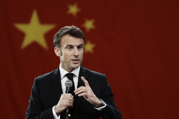 French President Emmanuel Macron delivers a speech at Sun Yat-sen University in Guangzhou, China.