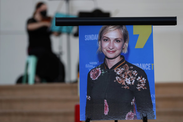 A photo of cinematographer Halyna Hutchins at a memorial service in Albuquerque, New Mexico on Saturday.