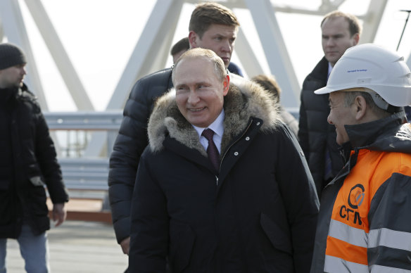 Russian President Vladimir Putin visits the Kerch bridge linking Crimea to mainland Russia in March 2018.