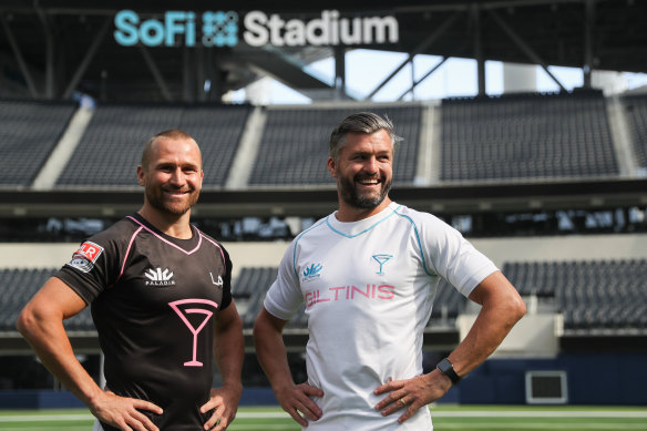 Matt Giteau and Adam Ashley-Cooper at the new $6 billion SoFi Stadium in Los Angeles in 2021.