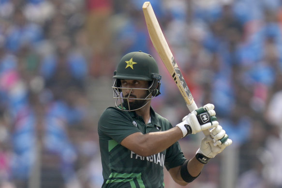 Pakistan’s Abdullah Shafique hits out against India in their World Cup match in Ahmedabad.