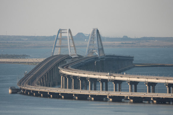 The Crimean bridge connecting the Russian mainland with the peninsula across the Kerch Strait on Monday.
