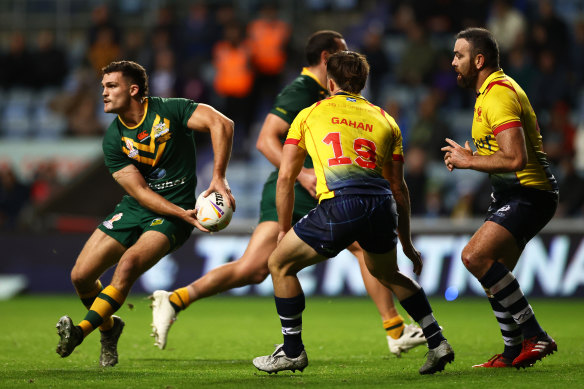 Nathan Cleary looks for a pass during the Rugby League World Cup match between Australia and Scotland.