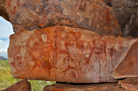 Sandstone escarpment and bim (rock art) on Jabiluka mineral lease.  