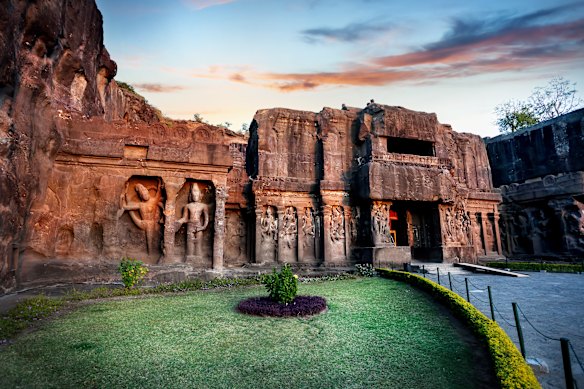 The entrance to the rock carved Kailasha temple at Ellora Caves in India