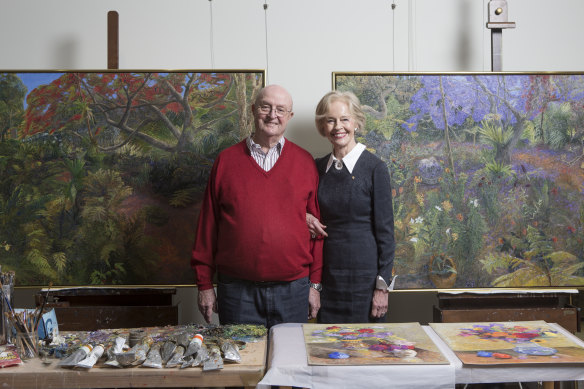 William Robinson with friend Dame Quentin Bryce at an exhibition of his work at the HOTA gallery on the Gold Coast in 2021.