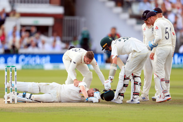 Steve Smith after being hit on the side of the neck on day four of the second Ashes Test.  