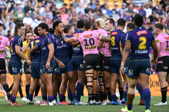 Penrith and Melbourne players clash during play year’s 10-6 win to the Panthers.