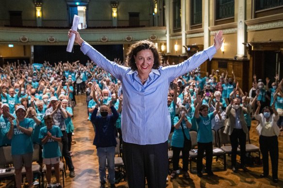 Teal independent Monique Ryan, here at her campaign launch, wrested the seat of Kooyong from then-treasurer Josh Frydenberg. 
