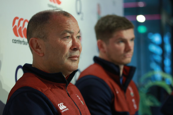 Jones, pictured with England captain Owen Farrell in 2020, produced the best record of any England rugby coach in history – winning 59 out of 81 Tests – before he was sacked last December.
