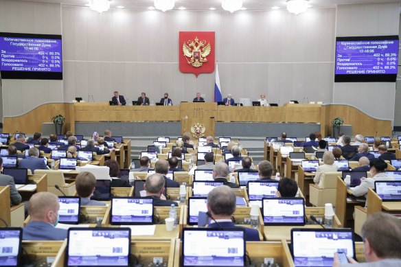 A session of the Duma, Russia’s lower house of parliament, in May 2021.