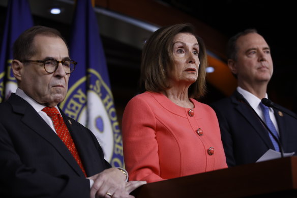 House Speaker Nancy Pelosi, centre, announced that Jerry Nadler, left, and Adam Schiff would be among the House prosecutors.