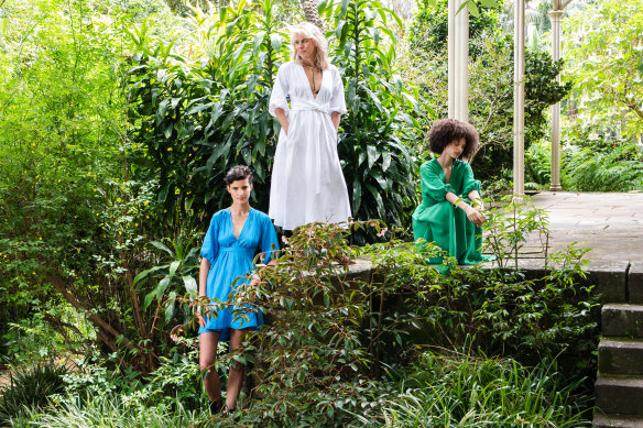 Designer Kit Willow with models, in blue (Astrid Holler) in green (Nat Buchanan), wearing her latest capsule collection for Witchery.