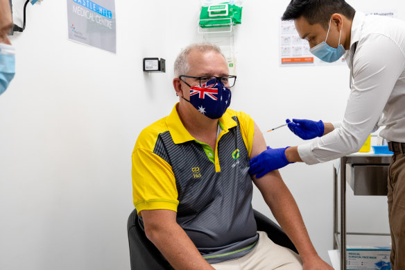 Then-prime minister Scott Morrison receives his first COVID-19 vaccination in February 2021.