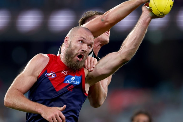 Melbourne captain Max Gawn contests the ball against Port Adelaide on Saturday night.