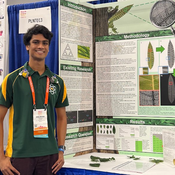 Anubhav Ammangi with his project at  the International Science and Engineering Fair in America.