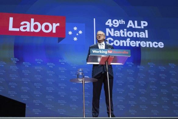 Prime Minister Anthony Albanese at Labor’s national conference in Brisbane on Thursday.