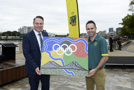 BRISBANE, AUSTRALIA - JULY 15: Lord Mayor of Brisbane Adrian Schrinner poses for a photograph with Australian olympian Brad Hore during the Australian Olympic Committee announcement of the Olympics Live locations across Australia at South Bank on July 15, 2021 in Brisbane, Australia. (Photo by Albert Perez/Getty Images for the AOC)
