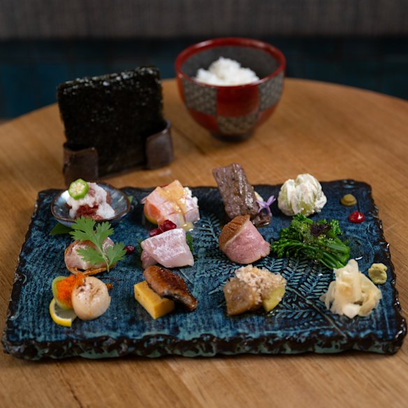 Temaki platter, nori sheets and rice, ready for DIY assembly.