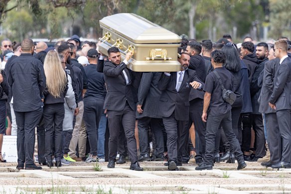 A gold coffin for the funeral for slain underworld strongman Sam Abdulrahim aka The Punisher at Fawkner Cemetery Northern Memorial Park