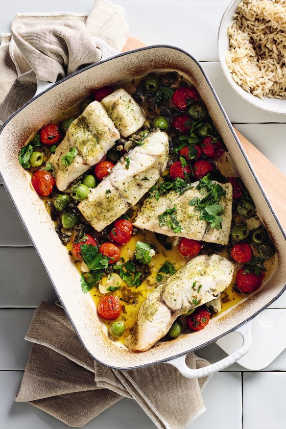 Sarah Pound’s Mediterranean baked fish with cherry tomatoes and olives.