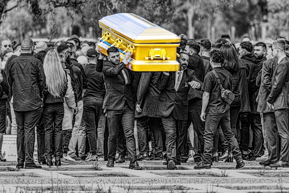 Gold coffin at the funeral for slain underworld figure Sam ‘The Punisher’ Abdulrahim at Fawkner Cemetery Northern Memorial Park. (Altered image)