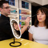 Adore Beauty store manager applying blush on Annie Carroll at the online retailer’s first physical store in Southland shopping centre, Melbourne,