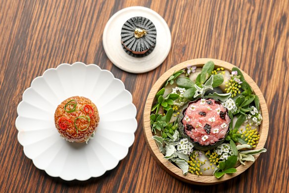 Snacks are a highlight (clockwise from left): spanner crab and yuzu choux pastry bun; wagyu tartare with white miso and gold leaf; and tuna belly with nori and finger lime. 