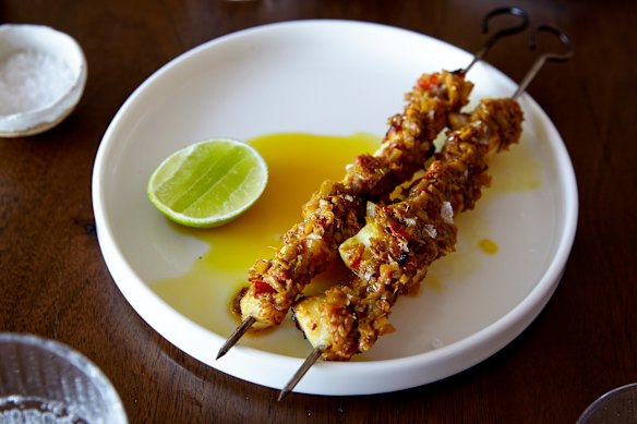 Toothfish skewers with prawn and lemongrass sambal.